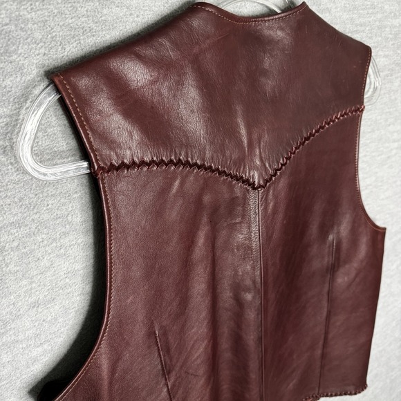 Genuine Leather Vest Top Size 42 Burgundy Handmade Vintage 70's Western Unisex - Picture 8 of 8